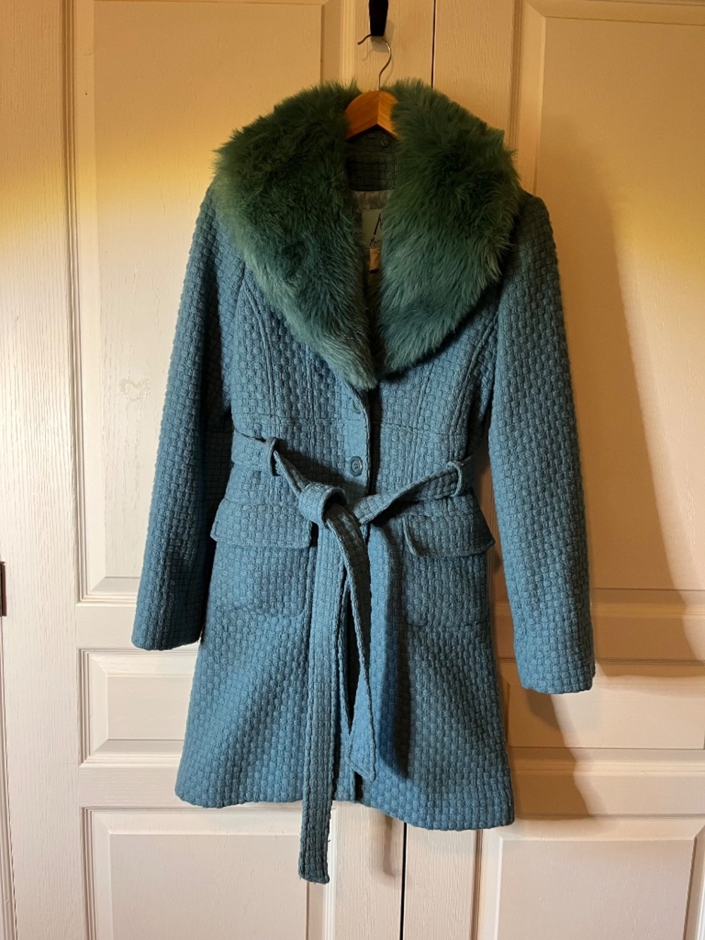 Vintage Marciano Fur Collar Belted Coat - Teal